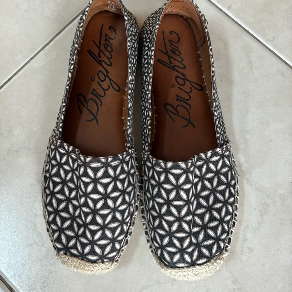 Brighton Black tan Rattan canvas Espadrilles fabric upper leather insole slip on